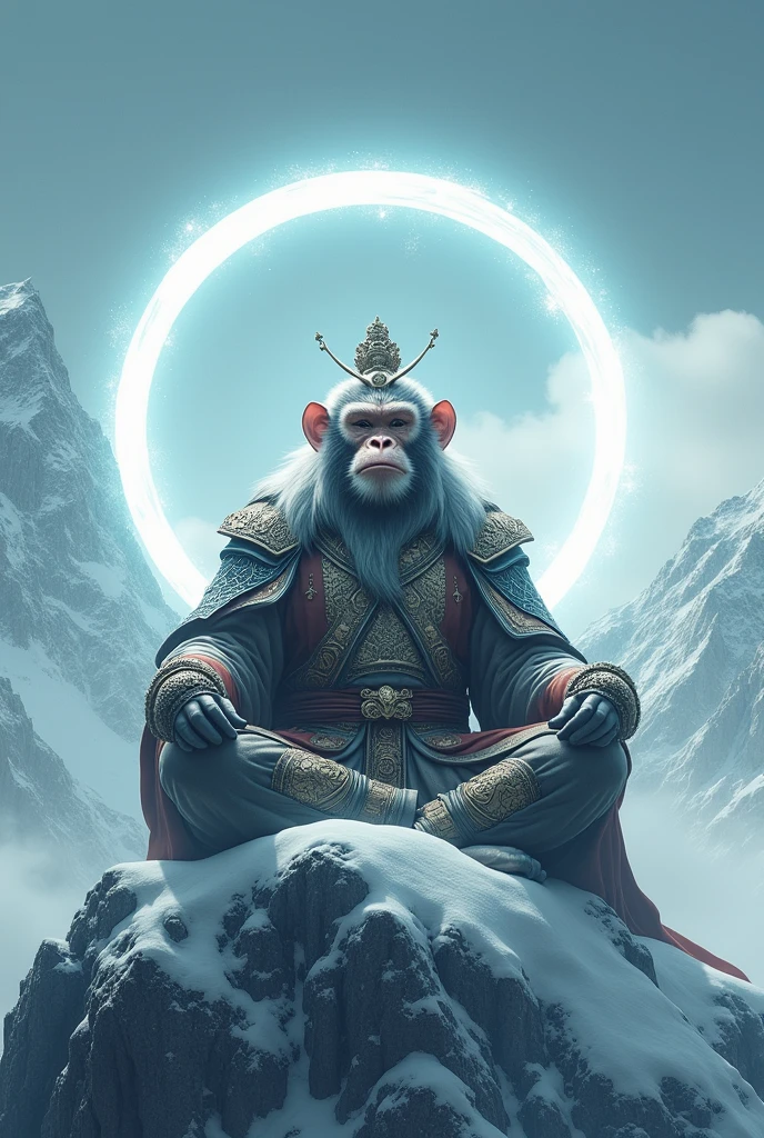 Monkey King wearing Chinese mythology armour, mediating on the top of snowy mountain, perfect monkey king from Chinese mythology, there us a magical circle behind his head which is a portal of energy