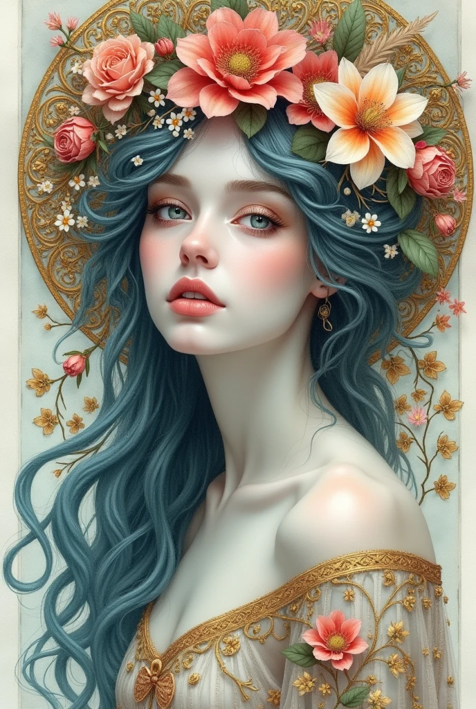 An ultrafine detailed watercolor painting of a gorgeous woman with flowers in her hair, in the style of Alphonse Maria Mucha and Gustav Kilmt, art nouveau accents, fairy princess, anthropomorphic female, female figure, detailed cover artwork, as the goddess of the flowers, Alphonse Mucha, Gustav Klimt, pale bluish skin, a marble sculpture, cgsociety, gothic art, art nouveau, behance contest winner