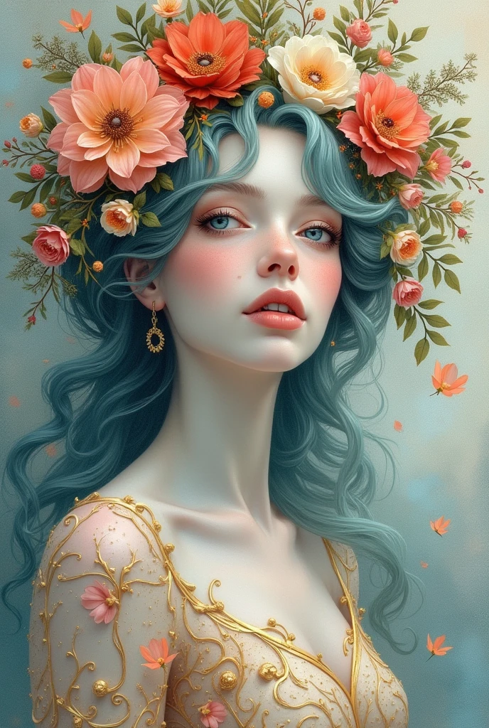An ultrafine detailed watercolor painting of a gorgeous woman with flowers in her hair, in the style of Alphonse Maria Mucha and Gustav Kilmt, art nouveau accents, fairy princess, anthropomorphic female, female figure, detailed cover artwork, as the goddess of the flowers, Alphonse Mucha, Gustav Klimt, pale bluish skin, a marble sculpture, cgsociety, gothic art, art nouveau, behance contest winner
