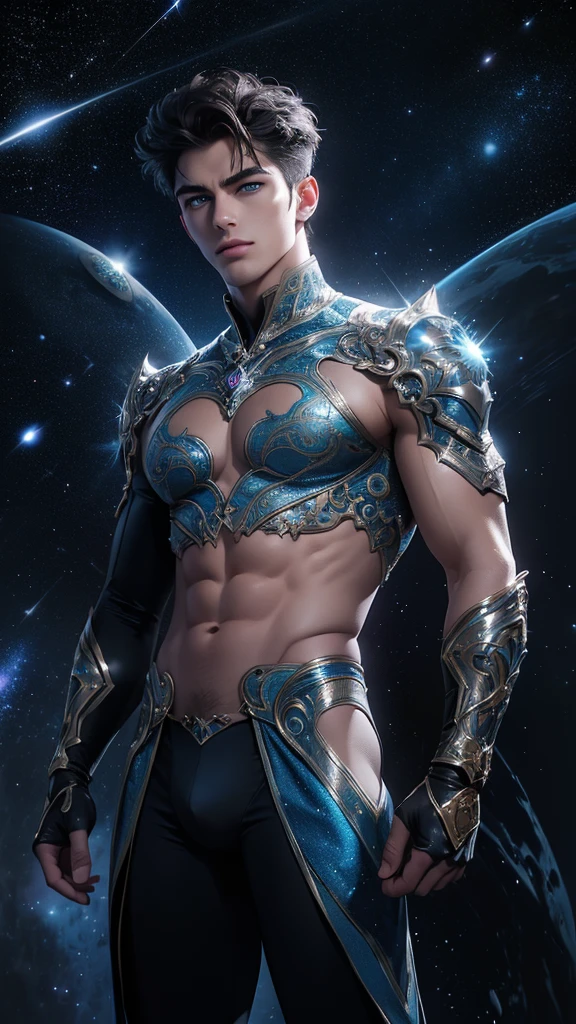 (masterpiece, high resolution, detailed:1.3), a mesmerizing depiction of a (strikingly handsome young man:1.2) donning (wearing transparent see-through futuristic clothes, bulge:1.2), standing against the backdrop of the vast and mysterious cosmos, breathtaking grandeur, LED internal lighting, cyberpunk style, fibre optic hair, glowing blue iris, muscular, best quality, masterpiece, His (toned physique:1.2) is bathed in the soft glow of distant stars, creating an otherworldly aura. As he gazes out into the depths of space, his (intense blue eyes:1.2) reflect the wonder and curiosity of his cosmic journey. The intricate details of his attire and the (subtle gleam:1.2) on his skin are meticulously captured, lending an air of realism to the scene. The celestial expanse behind him is a tapestry of (nebulous formations:1.2), (dazzling galaxies:1.2), and (shooting stars:1.2), a breathtaking testament to the beauty of the universe. This artwork melds the allure of a beautiful man with the awe-inspiring vastness of space, evoking a sense of both intimacy and grandeur. intricate details, dynamic pose, dynamic angle, (surreal), (illustration), ((oil painting \(medium\):1.2)), sharp focus, soft lighting, vibrant colors, cinematic photography, dynamic angle, volumetric lighting, film grain, hard shadows