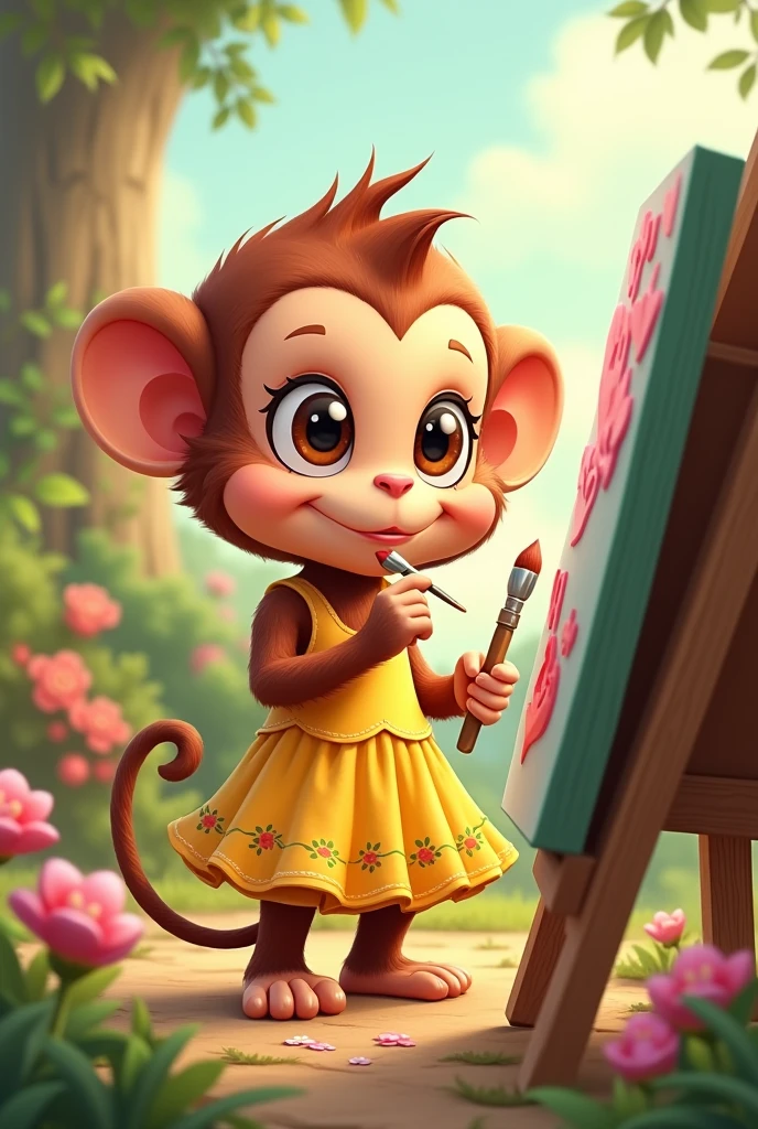 A cute cartoon monkey wearing a yellow cottage style dress with a paint brush in hand