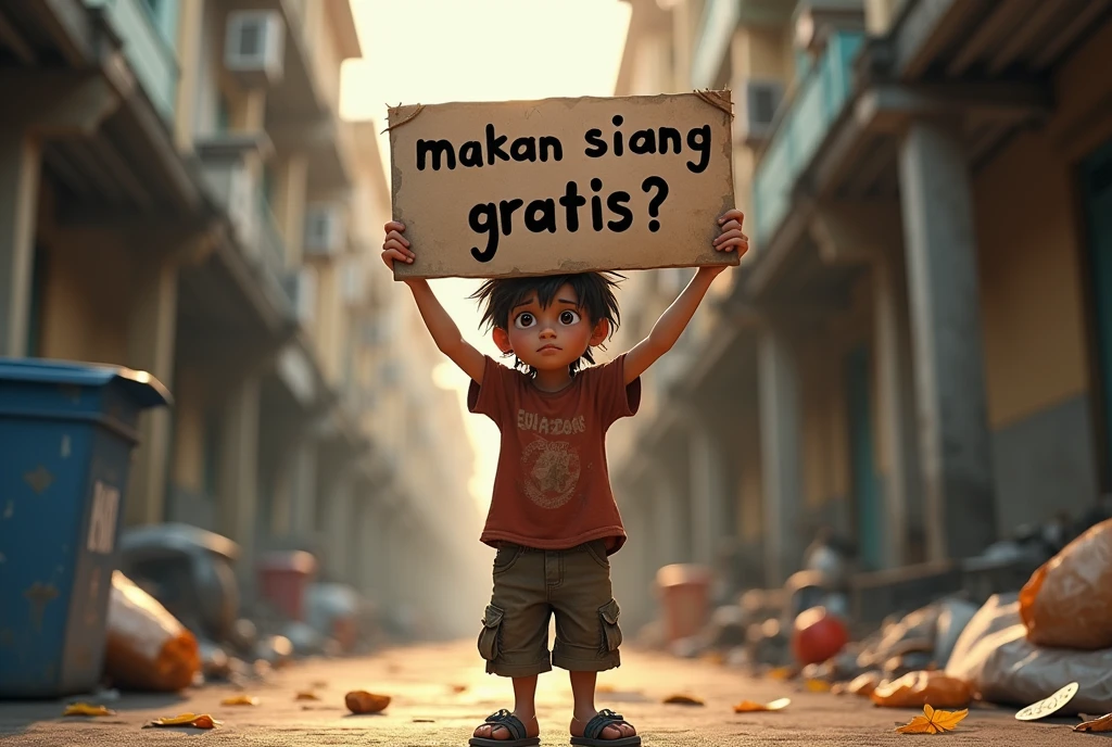 A homeless boy named "bujang" holding banner with text "makan siang gratis?", realistic messy hair, pixar style