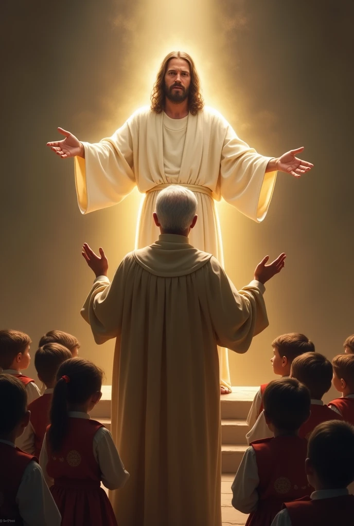 Our Lord Jesus Christ is behind the back of a catechist who is teaching young people about the Bible 