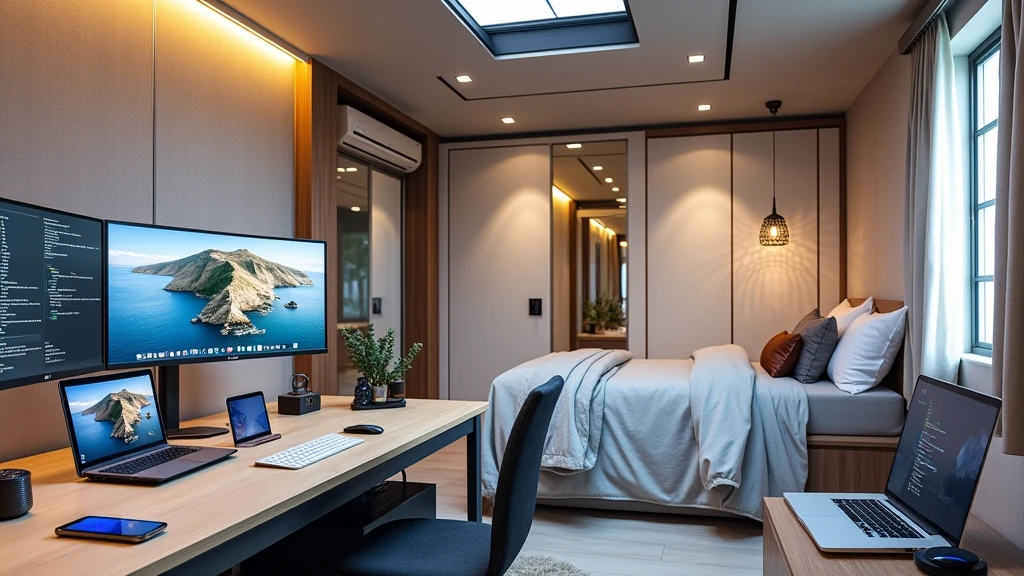 large bedroom, one desktop computer with two screens, 2 laptops, 3 phones (no-character:1.4), on the computers screens runs Linux and a development IDE, masterpiece, precision, realistic, picture from far