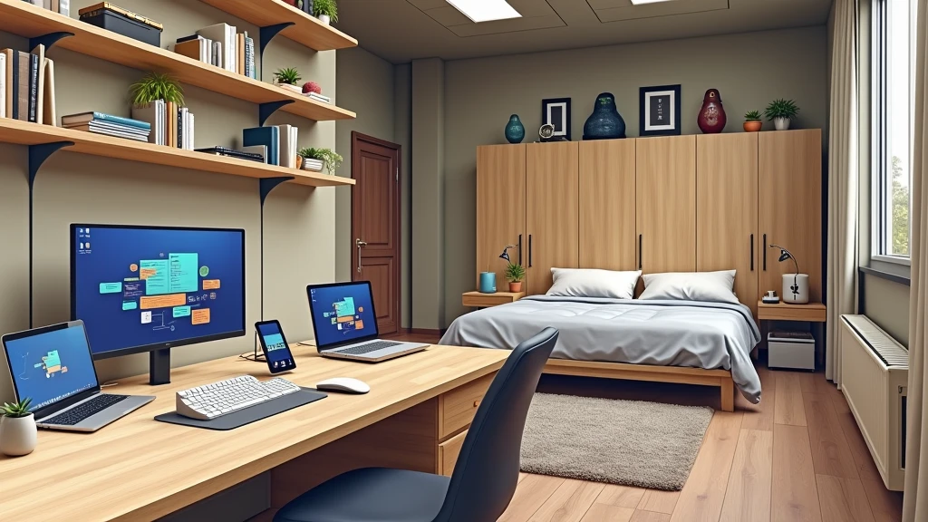 large bedroom, one desktop computer with two screens, 2 laptops, 3 phones (no-character:1.4), on the computers screens runs Linux and a development IDE, masterpiece, precision, realistic, picture from far