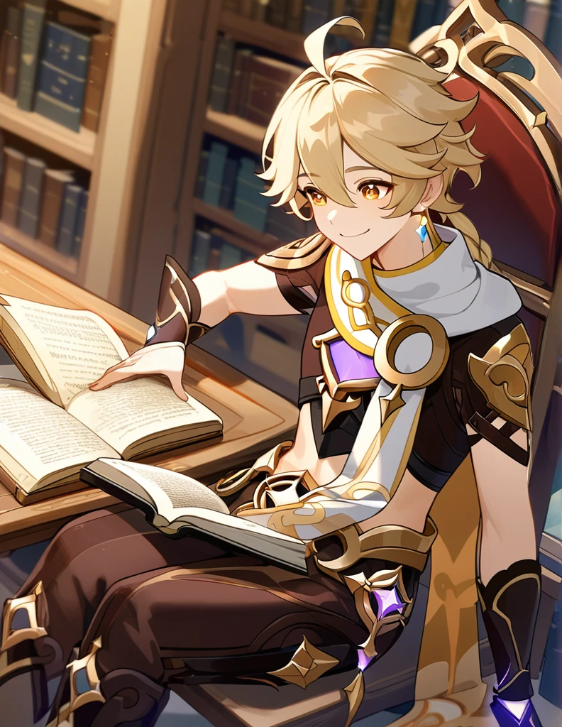Aether (genshin impact), sitting, read the book, library, smile, intricate details, high resolution, perfect anatomy, detailed face, detailed eyes, male anatomy