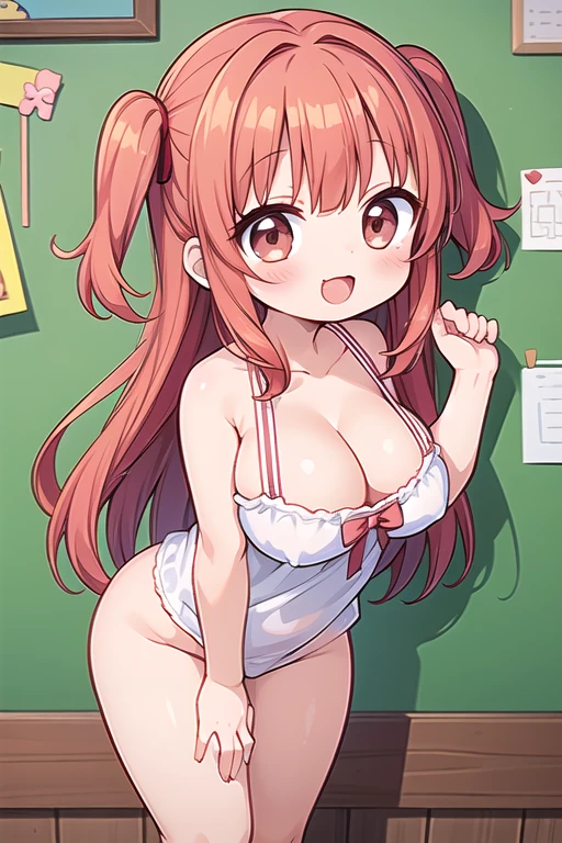 1 Cute naughty toddler Girl, large breasts, thick legs, (two side up, long hair, red hair), brown eyes, (naked:1.2, cleavage), (blush, ;d, yuruyuri), at the adventurer's guild, A bulletin board with posted paper