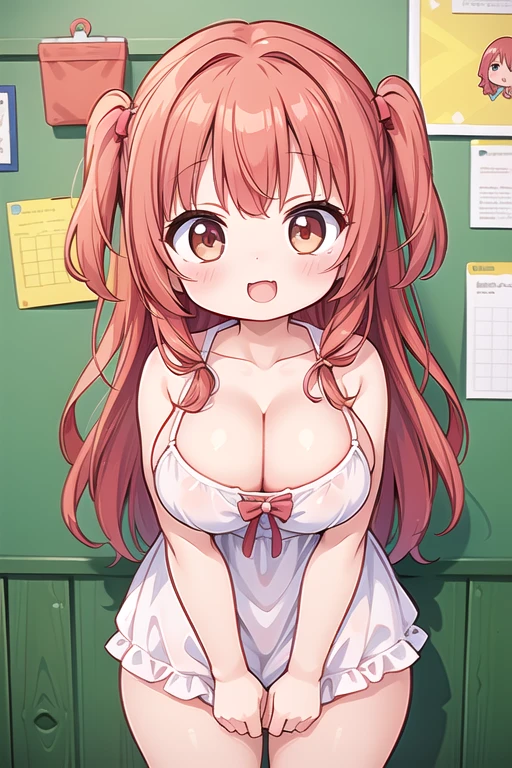 1 Cute naughty toddler Girl, large , thick legs, (two side up, long hair, red hair), brown eyes, (naked:1leavage), (d, yuruyuri), at the adventurer's guild, A bulletin board with posted paper