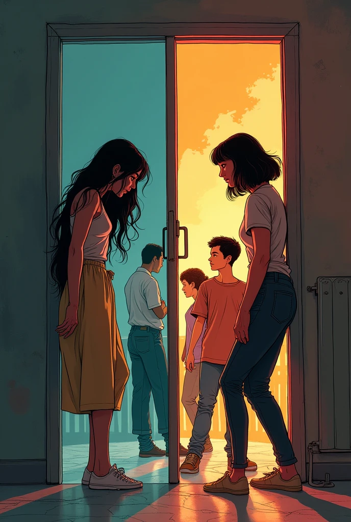 A long black haired woman is on the first door  is lonely and on the right door is the short black haired woman fighting and her family got her back comic style