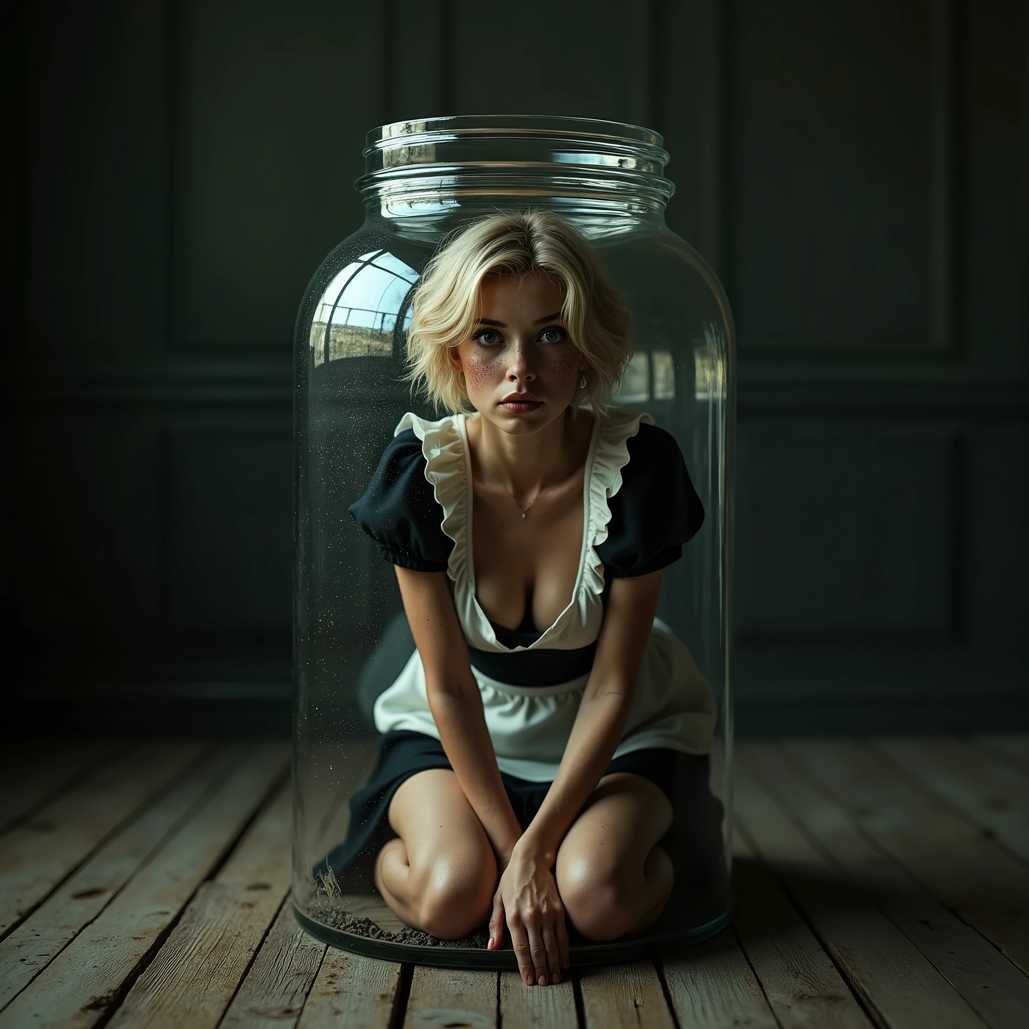 (glass jar:1.45), masterpiece, best quality, Nigerian black trapped woman is sitting in a glass jar, (behind glass), shocked, posing for a photo, medium breasts, maid outfit, freckles, (blonde hair:1), wavy hair, short hair, shrunken dark wooden floor, dimly lit, looking at viewer, (kneeling:0.8), good lighting, photorealistic: 1.37, masterpiece, best quality, raw photo, absurd resolution, UHD, 1 woman, cleavage, long hair, seductive, erotic pose, looking pitifully at viewer, high resolution, hdr, hiperrealista, 8k