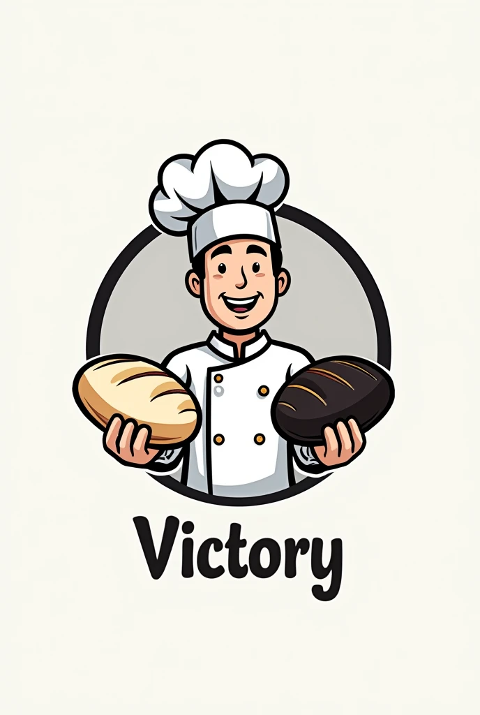 Logo of a bakery that shows a baker with his white and black bread. The logo should be that color with the name victory. You can do it better. But less complex and better.
