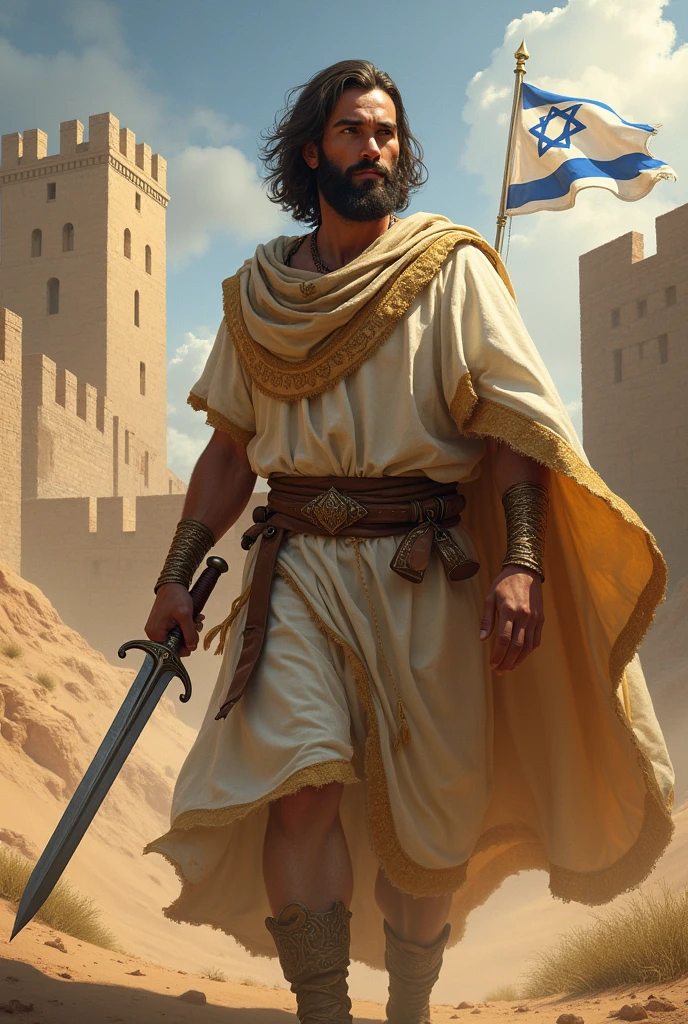 Epic portrait in 4K: Joshua, the biblical leader, depicted with historical and biblical details. He wears a linen tunic with gold edges., typical of ancient Hebrew clothing. In one hand he holds a short iron sword, similar to those described in the Bible, which highlights his role as a warrior. On the other hand, He carries a ram&#39;s horn trumpet (Shofar), Remembering the miracle of the fall of the walls of Jericho. The background features a panoramic view of the walls of Jericho, with details such as Israeli flags and a desert landscape. The image should reflect the determination, el coraje y la fe de Joshua, with a realistic and majestic style.