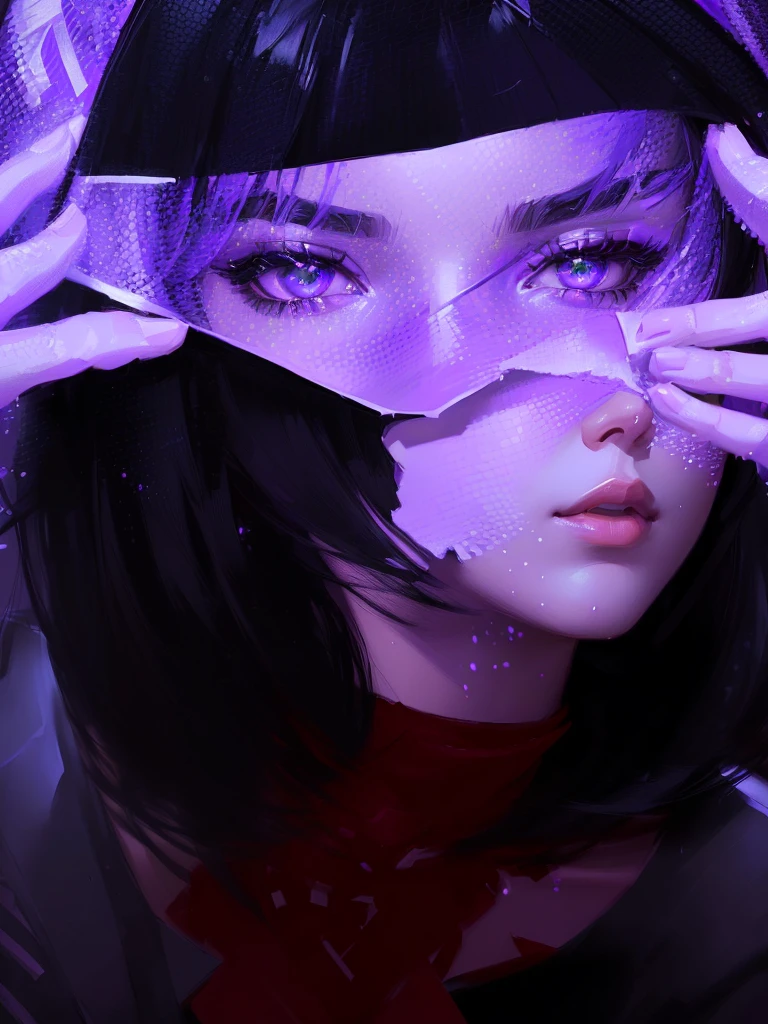 purple and black painting of a woman with a purple mask covering her eyes, digital art Ilya Kuvshinov, Ilya Kuvshinov. 4K, Ilya Kuvshinov face, non-style artwork by guweiz, Epic abstract emo girl 3d, stunning digital illustration, advanced anime digital art, digital anime art, cyberpunk anime digital art