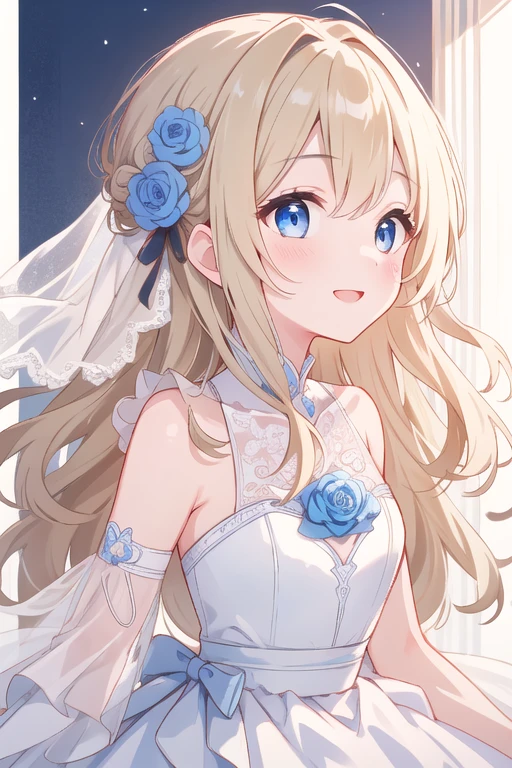 Highest quality、Ultra-high resolution、Highly detailed face、Eye highlights、（One girl、cute、、Blue Eyes、Long wavy blonde hair、smile、Innocent expression）、Wedding dress、From the side