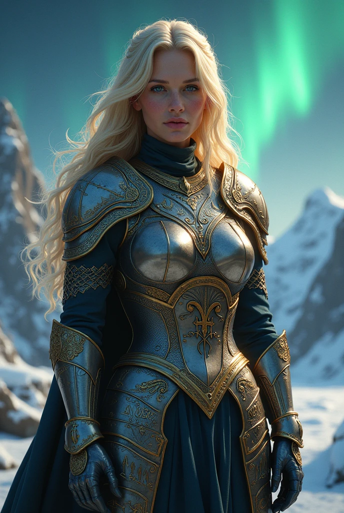 a norwegian woman wearing the armour of the knight of the zodiac