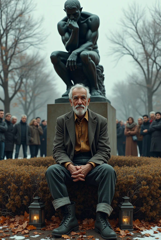a very crazy man in old clothes from the 50s sits in front of the monument The Thinker by Auguste Rodin in the pose of The Thinker by Auguste Rodin, smokes a cigar and looks at his face. Around a crowd of watching people with different emotions. Around lanterns, withered bushes, autumn leaves, snowy landscape