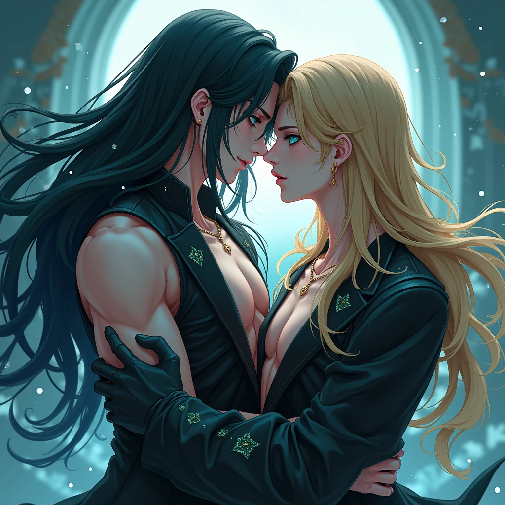Male. Long black hair. Teal blue eyes, Male, gothic clothes, Surrealism, Sexy, Masterpiece, Shiny, 8k, super detail, Shiny, Beautifully detailed, Pretty drawn. Anime style. Sexy pose, hot. Seductive pose. Kissing a hot blonde male. (((Male x Male))))😡 A male with long black hair, teal blue eyes. Dressed in gothic clothes, kissing another male with blonde hair.