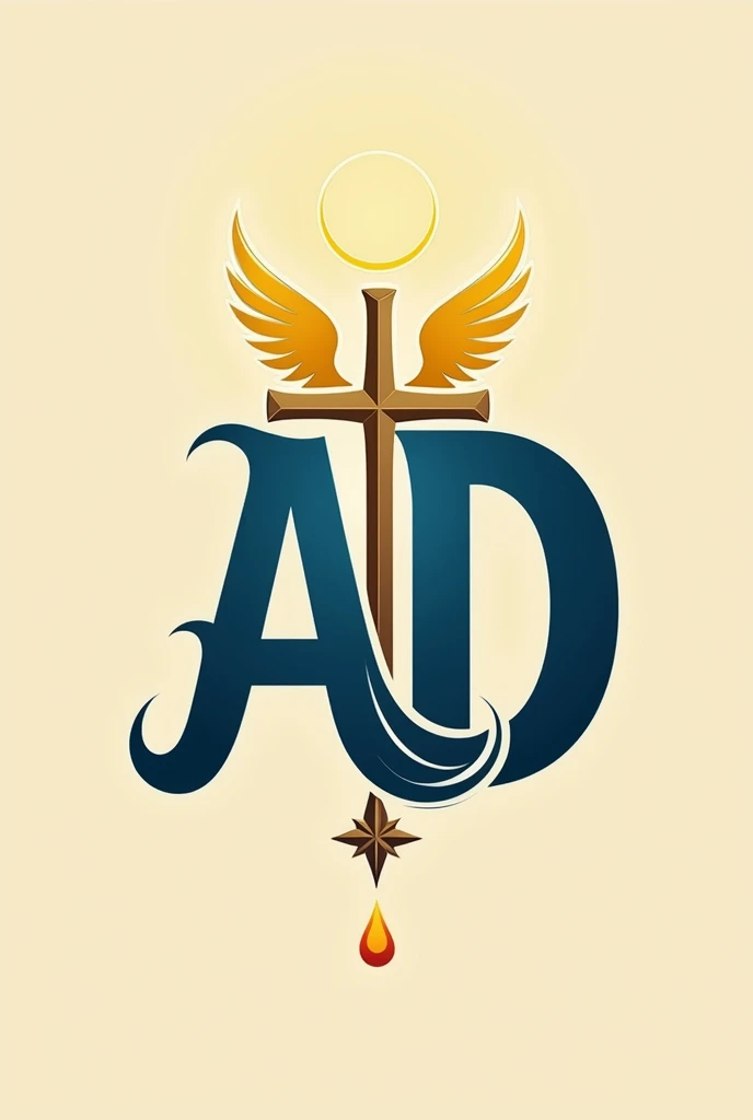 I want a capital A and a D in italics that should stand out Blue color with a golden angel halo In the background a cross made up of two nails from which a drop of yellow color falls, a red color and a green color, only one drop of each color And at the foot of the cross there is a small 8-pointed white star Keep in mind that it is for a logo of a youth community of a church and the background should be light brown