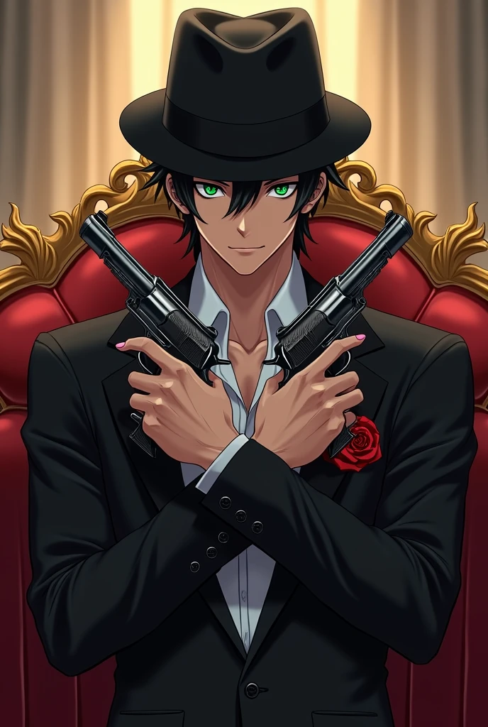 A 1 anime fantasy handsome guy with flashy green eyes , He holds two pistols in his two hands crossed , a black precious fit suit with a red rose in coat's pocket . black neat hair and The hat is on his head while his head is bent down and the hat is tilted down and covers his forehead with a devilish little smile on lips , a strong body as a sign of exerciser being , set on the golden expensive couch in front of you and posed 