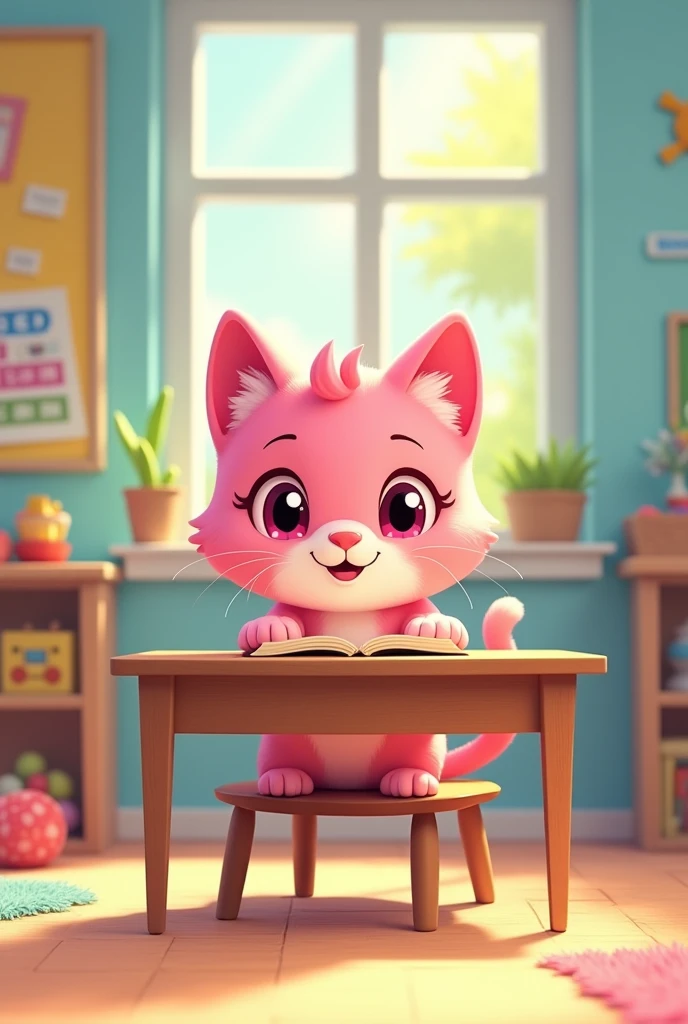 Pink cutout cartoon kitten studying in preschool