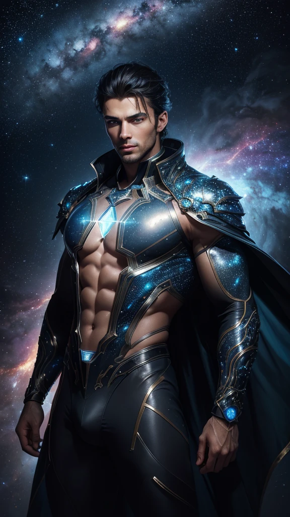 (masterpiece, high resolution, detailed:1.3), a mesmerizing depiction of a (strikingly handsome young man:1.2) donning (wearing transparent see-through futuristic clothes, bulge:1.2), standing against the backdrop of the vast and mysterious cosmos, breathtaking grandeur, LED internal lighting, cyberpunk style, fibre optic hair, glowing blue iris, muscular, best quality, masterpiece, His (toned physique:1.2) is bathed in the soft glow of distant stars, creating an otherworldly aura. As he gazes out into the depths of space, his (intense blue eyes:1.2) reflect the wonder and curiosity of his cosmic journey. The intricate details of his attire and the (subtle gleam:1.2) on his skin are meticulously captured, lending an air of realism to the scene. The celestial expanse behind him is a tapestry of (nebulous formations:1.2), (dazzling galaxies:1.2), and (shooting stars:1.2), a breathtaking testament to the beauty of the universe. This artwork melds the allure of a beautiful man with the awe-inspiring vastness of space, evoking a sense of both intimacy and grandeur. intricate details, dynamic pose, dynamic angle, (surreal), (illustration), ((oil painting \(medium\):1.2)), sharp focus, soft lighting, vibrant colors, cinematic photography, dynamic angle, volumetric lighting, film grain, hard shadows