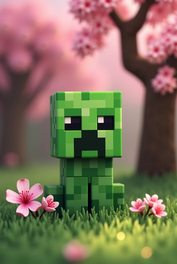 the crepeer mob from the minecraft game in its  in a cherry tree setting, completely faithful to the minecraft graphics.