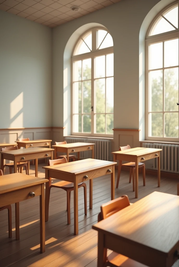 An empty classroom with tables and chairs arranged in a circle, realist