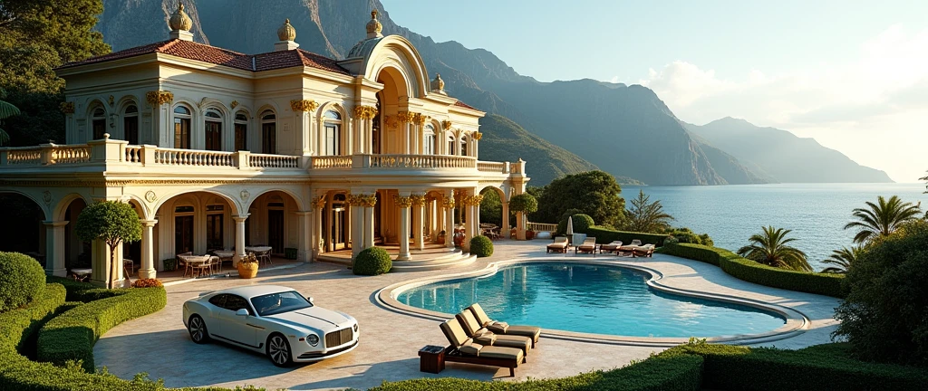 luxury mansion with a luxuary car parked in front of it, green yard with trees, behind sea and mountains, luxury pool, luxury lifestyle, luxurious environment, luxury architecture, rich, huge mansion, rich style, luxury and elite, extremely opulent, luxurious, hyper luxurious, majestic masterpiece, wealthy, luxury, stunning grand architecture, exquisite masterpiece, flaunting his wealth, inside a grand, architectural masterpiece