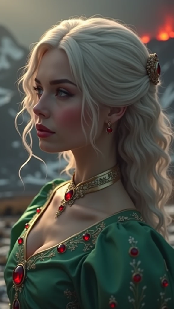 Make me an ultra realistic image. A white-haired princess, longos e ondulados. She is wearing a green dress, with reddish precious stones. Background of mountains and volcanoes.