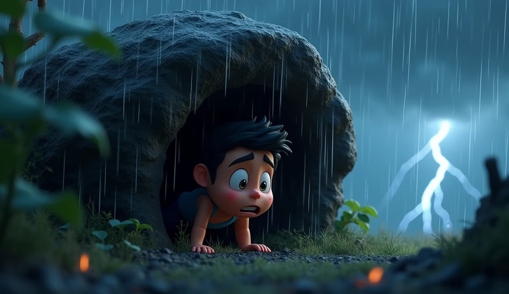 Description: "A strong storm hits Nico as he takes shelter under a rock. The wind blows hard, moving leaves and branches around, as the heavy rain falls. Nico has an expression of fear and despair, trying to hold on tight to your position. The sky is dark and stormy, with lightning in the background dramatically illuminating the scene. The scene is tense, with lots of movement and realism in the raindrops and wet leaves. 3D style captures drama and emotion, with the typical Disney Pixar colors and textures."