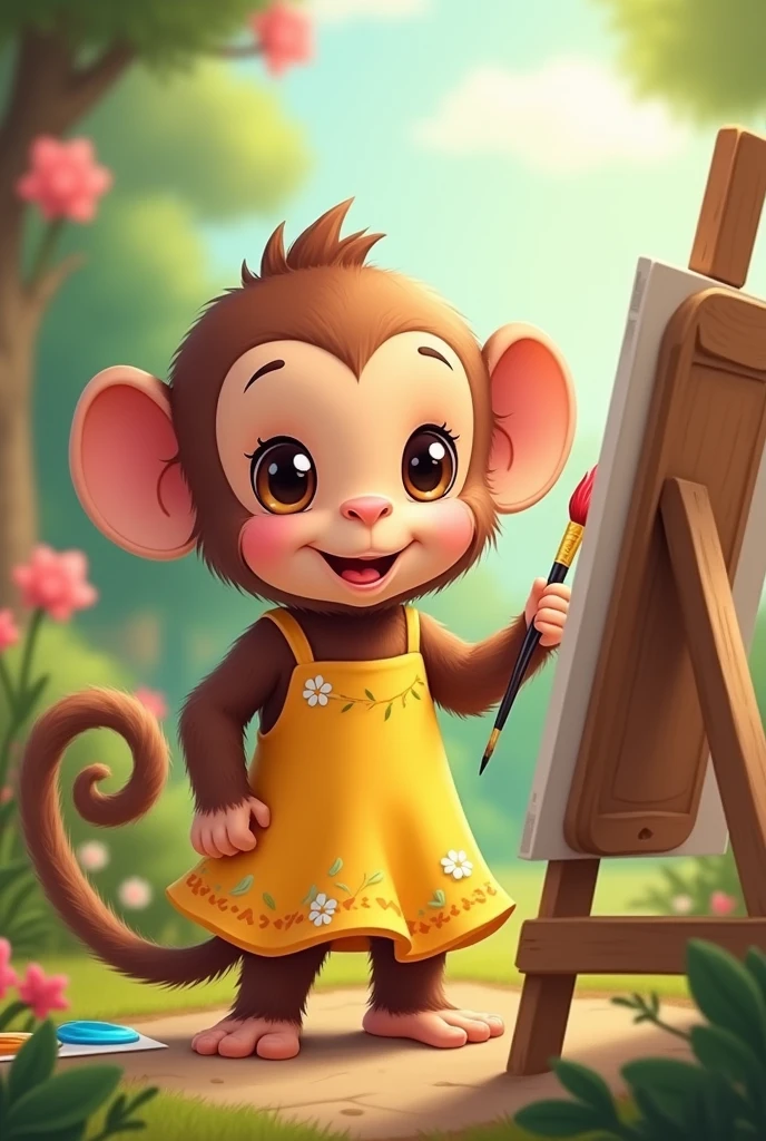 A cute cartoon monkey wearing a yellow cottage style dress with a paint brush in hand