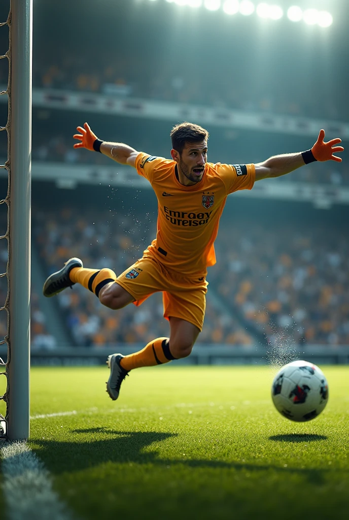 The goalkeeper jumped to save the goal but failed and the ball went into the goal