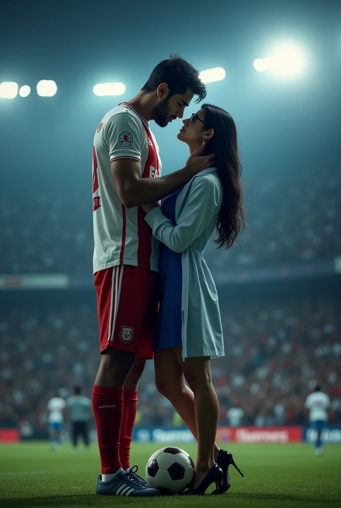 A man and woman kissing eachother in football stadium ground at night time all spot light on them woman is wearing glasses and had black hair . Woman is wearing blue dress high heels and a lab coat over dress. Man is wearing white and red colour 32 number jersey. Siddharth written on jersey. Woman is cupping man s face . Man s one foot resting on a soccer ball. Man is 1 feet taller than woman. Add some audiance in stedium . Make man s tall than woman . Make it realstic