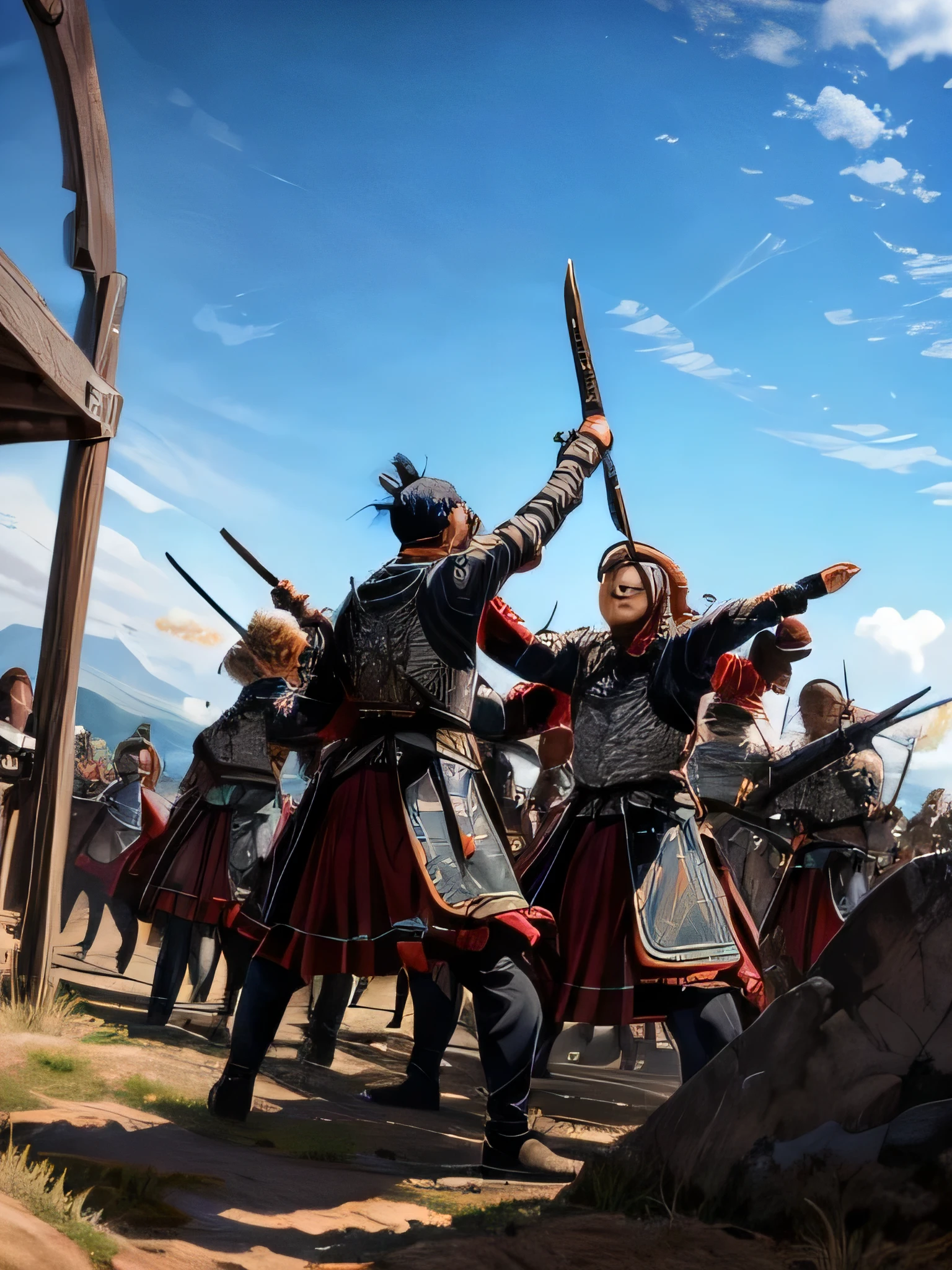 Battlefield, ancient war, two armies fighting, swords and swords, grand momentum, millions of troops, soldiers armor