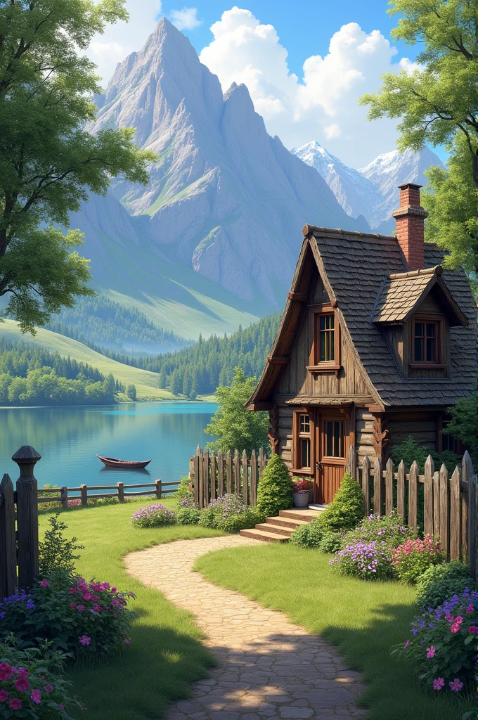 painting of a cottage, flowers beside of fence, fence along the road, mountain landscape with a lake and a boat, illustration matte painting, inspired by Thomas Kinkade, symmetric matte painting, detailed scenery , style raw, 8 k ultra detailed, environment design illustration, scenery art detailed, Seaside view, concept-art, 4k highly detailed digital art, 4 k digital painting, 4k digital painting, stunning digital illustration, Desert background, digital painting concept art, Detailed digital painting