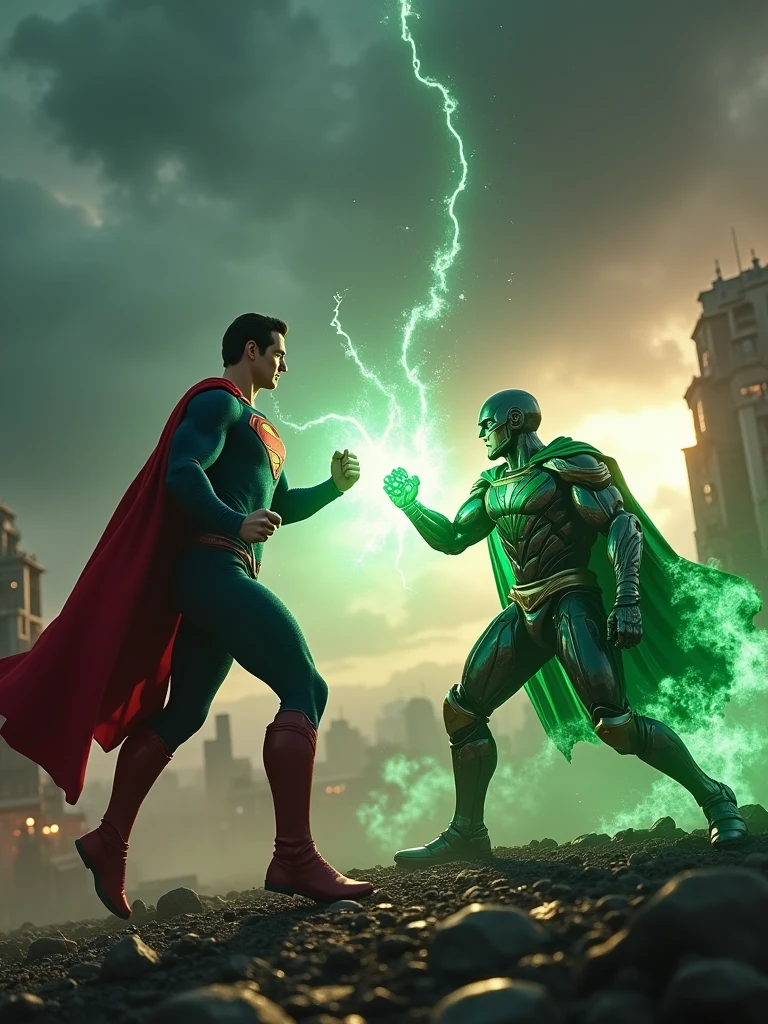 "Create a highly detailed and dynamic 4K Ultra HD image of Superman in an intense battle with Dr. Doom. Superman, wearing his classic red and blue suit with the iconic 'S' emblem, is flying mid-air, fists clenched, ready to strike. Dr. Doom stands his ground, clad in his metallic armor and green cloak, using a combination of advanced technology and mystical powers. A fierce green energy blast is emanating from Dr. Doom's hands, clashing with Superman's heat vision, creating an explosive energy collision in the center. The background features a dark, stormy sky above a futuristic, crumbling cityscape, adding to the epic scale of the battle. The lighting should be dramatic, with intense contrasts, capturing the raw power and tension between the two iconic characters."