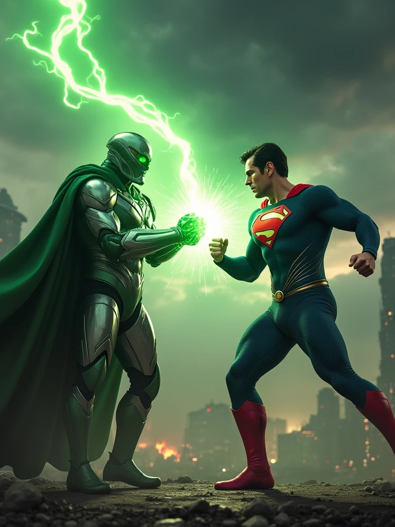 "Create a highly detailed and dynamic 4K Ultra HD image of Superman in an intense battle with Dr. Doom. Superman, wearing his classic red and blue suit with the iconic 'S' emblem, is flying mid-air, fists clenched, ready to strike. Dr. Doom stands his ground, clad in his metallic armor and green cloak, using a combination of advanced technology and mystical powers. A fierce green energy blast is emanating from Dr. Doom's hands, clashing with Superman's heat vision, creating an explosive energy collision in the center. The background features a dark, stormy sky above a futuristic, crumbling cityscape, adding to the epic scale of the battle. The lighting should be dramatic, with intense contrasts, capturing the raw power and tension between the two iconic characters."