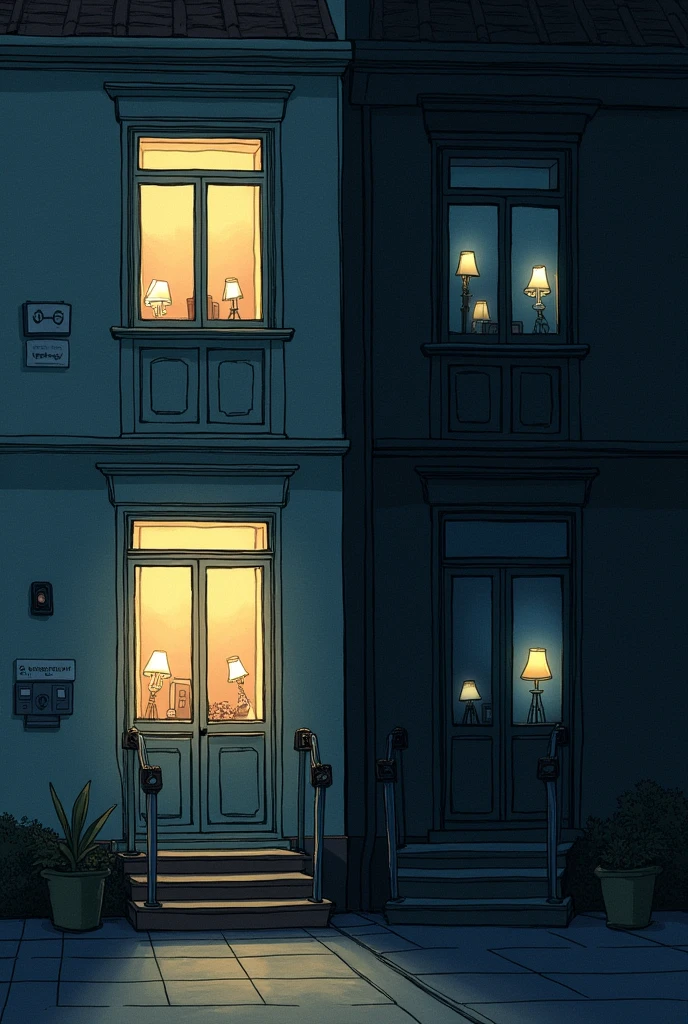 drawn in drawing form, two neighboring apartments. The first one is lit and there are exactly four switches on the wall inside it.. The second one is dark (with the lights off inside it) and there are exactly four lamps inside it