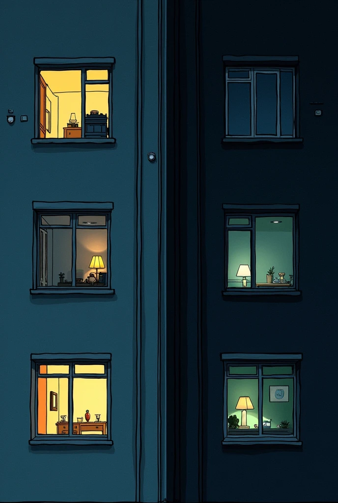 drawn in drawing form, two neighboring apartments. The first one is lit and there are exactly four switches on the wall inside it.. The second one is dark (with the lights off inside it) and there are exactly four lamps inside it