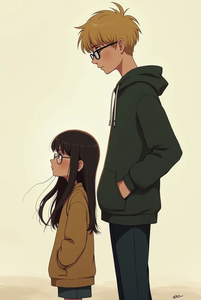 girl with long length hair with glasses, and have a sulking face, and boy have blonde hair with glasses and have 6'2 height