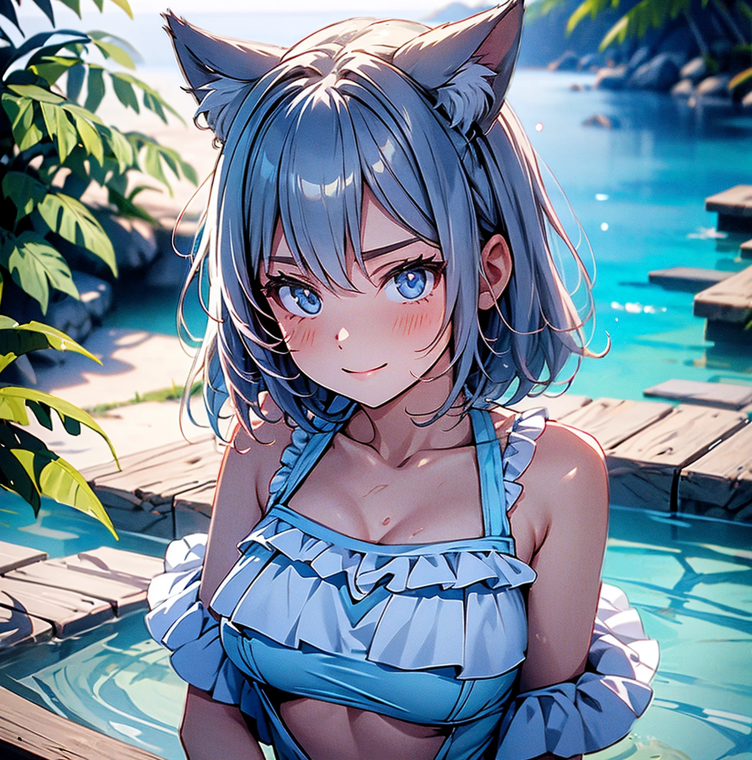 girl,light blue hair,bob,Cat ear,micro bikini,blush