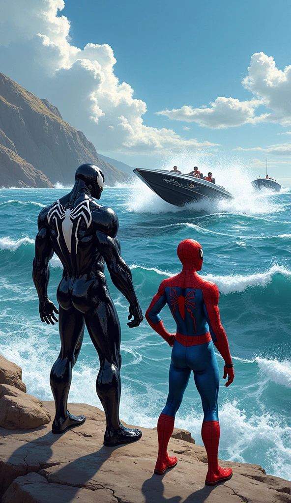 Spider-Man and Venom are watching the two racing boats at the edge of the ocean with great excitement.