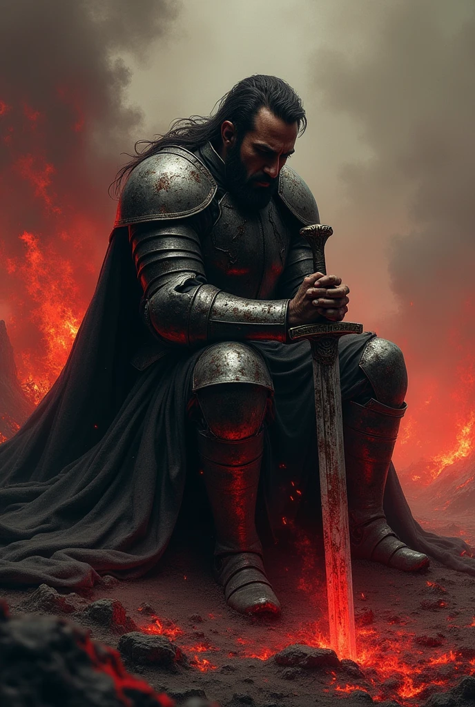 A sad warrior sit in hell with support of his sword 