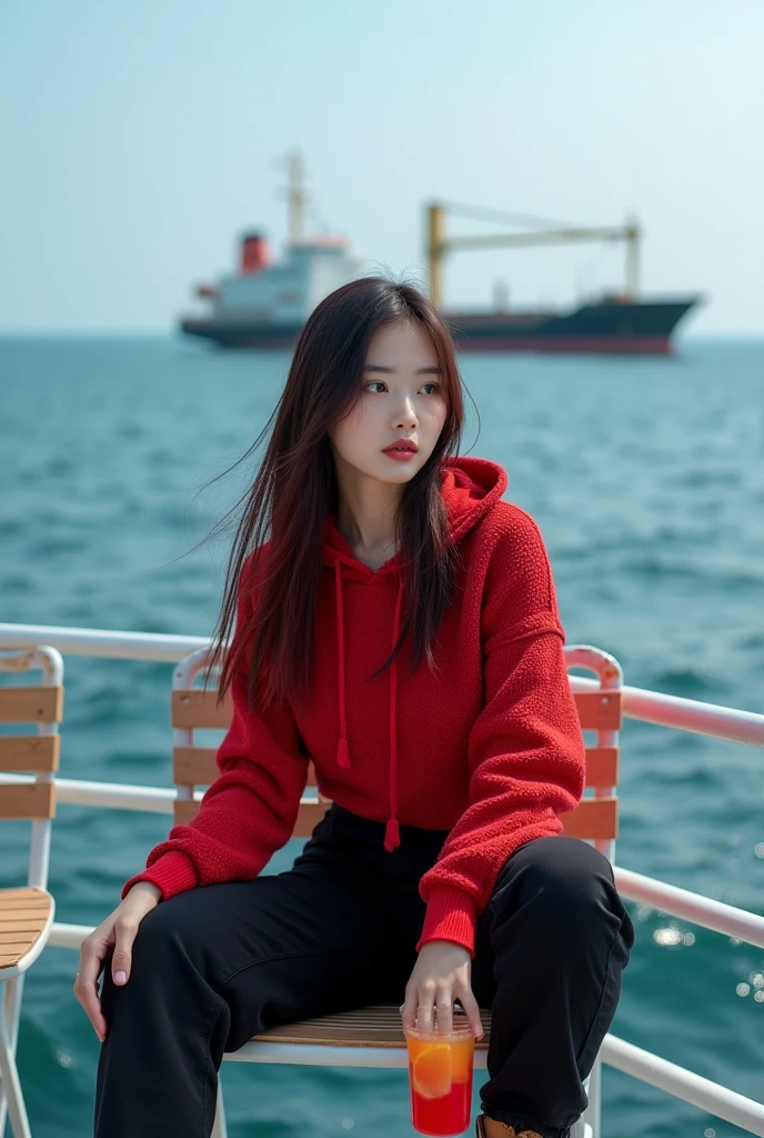 Beautiful Korean woman with white skin, straight black and red hair, wearing a red knit hoodie, black cargo pants, boots, sitting on a ship chair while holding juice, near the ship deck, with a large ship sailing in the sea in the background, the water waves are blue . The sea is blue. , original photo,photo studio,realistic