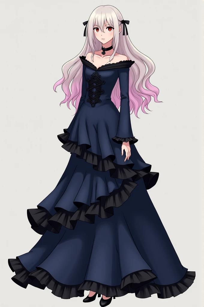 Screancap Hunter X Hunter feminina.
body hair: offwhite, long with pink highlights. skin tone: clearing. badass clothing: Long and elegant dress, with ruffles, navy blue with black details; wearing heels to match. Facial expression: a calm smile.