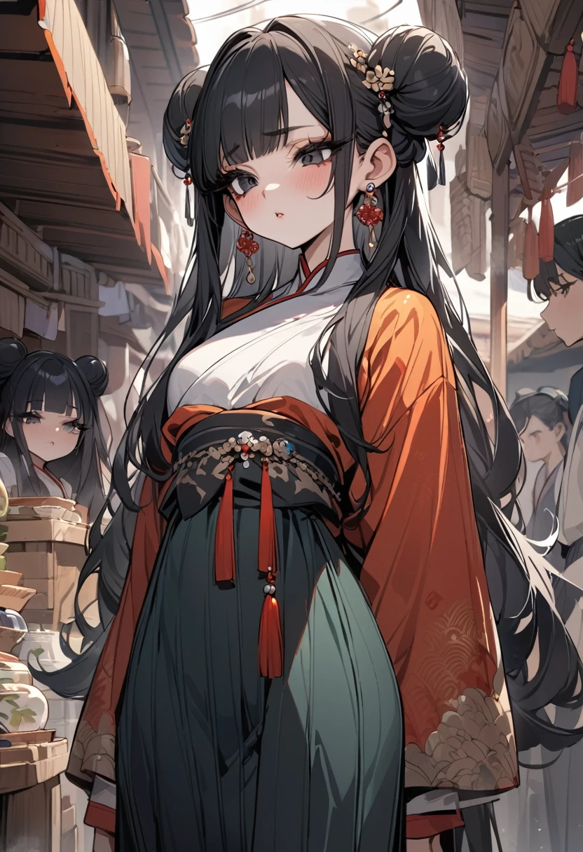 ((best quality)), ((Masterpiece)), (details), Young woman, alone, (Medium bust, black hair, black eyes, ((long hair, buns)) ,(Bangs),Hip fart,Long eyelashes,Thick eyelashes) , extremely clothes, Chinese Hanfu Style, beautiful hair jewelry, earring jewelry, Head and hair jewelry, antique jewelry, market,