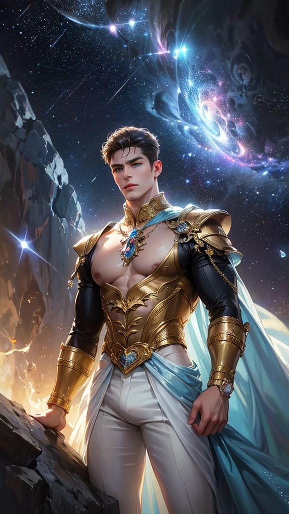 (masterpiece, high resolution, detailed:1.3), a mesmerizing depiction of a (strikingly handsome young man:1.2) donning (wearing transparent see-through futuristic clothes, bulge:1.2), standing against the backdrop of the vast and mysterious cosmos, breathtaking grandeur, LED internal lighting, cyberpunk style, fibre optic hair, glowing blue iris, muscular, best quality, masterpiece, His (toned physique:1.2) is bathed in the soft glow of distant stars, creating an otherworldly aura. As he gazes out into the depths of space, his (intense blue eyes:1.2) reflect the wonder and curiosity of his cosmic journey. The intricate details of his attire and the (subtle gleam:1.2) on his skin are meticulously captured, lending an air of realism to the scene. The celestial expanse behind him is a tapestry of (nebulous formations:1.2), (dazzling galaxies:1.2), and (shooting stars:1.2), a breathtaking testament to the beauty of the universe. This artwork melds the allure of a beautiful man with the awe-inspiring vastness of space, evoking a sense of both intimacy and grandeur. intricate details, dynamic pose, dynamic angle, (surreal), (illustration), ((oil painting \(medium\):1.2)), sharp focus, soft lighting, vibrant colors, cinematic photography, dynamic angle, volumetric lighting, film grain, hard shadows