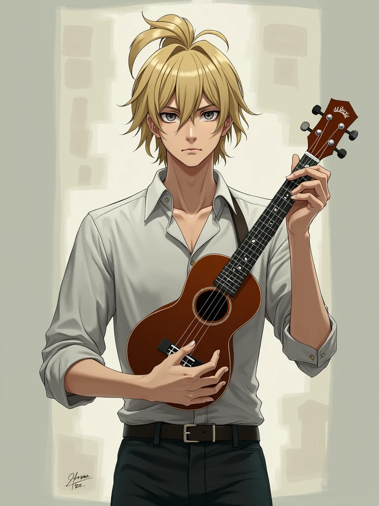 Anime man with blond hair pulled into a messy man-bun, grey eyes, pale skin, and a serious look on his face, holding up a ukulele, style of MHA , adult, teacher