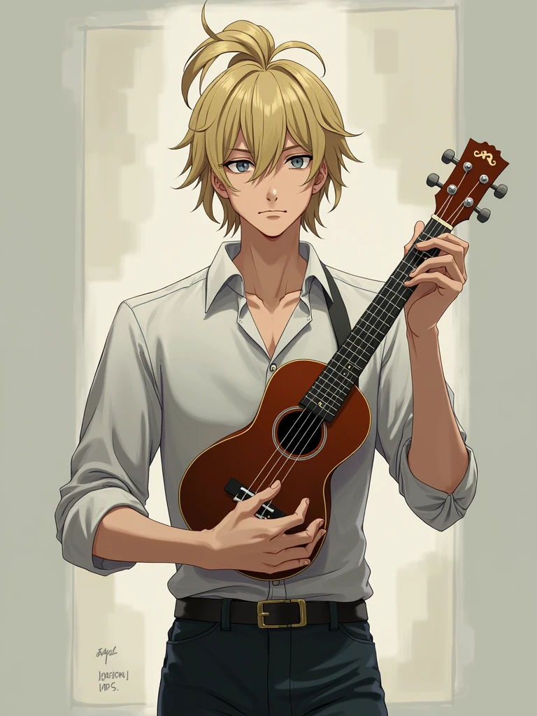 Anime man with blond hair pulled into a messy man-bun, grey eyes, pale skin, and a serious look on his face, holding up a ukulele, style of MHA , adult, teacher