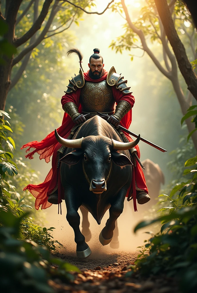 (best quality, masterpiece) using canon 5D mark II, sigma 24 mm f1,8 lens, (a knight, wearing a red costume like Lu-bu&#39;s costume in the Dynasty Warriors game, riding a very angry bull), (in the middle of the jungle, afternoon),
